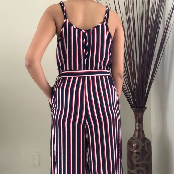 Ambiance Sleeveless Jumpsuit M Striped Pockets Adjustable Straps Red White Navy - Picture 9 of 11